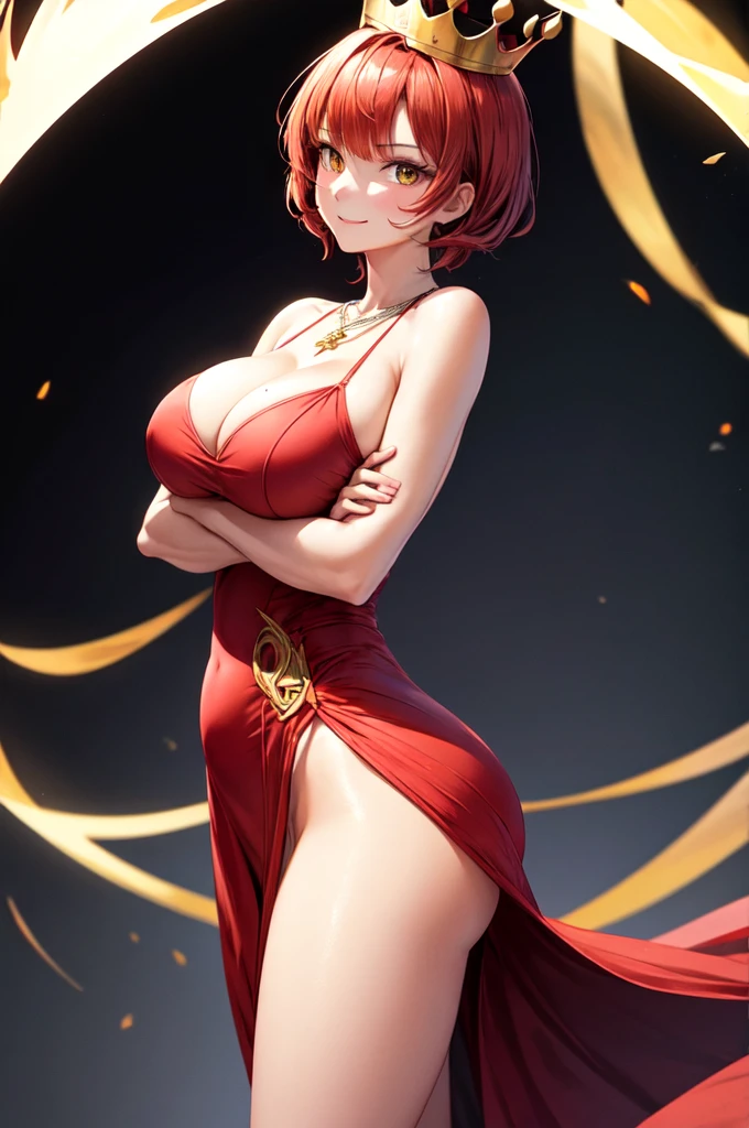 Fire Girl, short red hair tied on the side, extremely big breasts, big-ass, red fitted dress, neckleace, breasts sticking out of dress, yellow  eyes, crown on head, body detailed, work of art, SOLAR LIGHTING, focus on the body, slim, detailed waist, corner smile, seducing gaze, crossed arms, fire background, Pink skin, showing the ass, big-ass, bare back, muslos grandes, extremely big ass, black background with fire, red fitted dress, lower chest, hand under the breasts, sample shoulders, from sideways, hand on head 