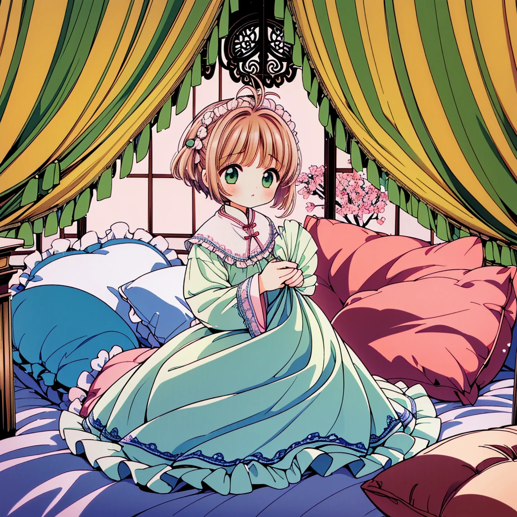 (masterpiece,best quality,best quality, masterpiece),my own, , , (适合任何Pillow背景的光影)), 穿着pajamas可爱女孩在Pillow上摆姿势 ,pajamas,,(很多Pillow),Soft cushion,,,,很多Pillow,,,(Pillow),(A tail),,(充满细节的Pillow),(Love around the protagonist),Steam,,(Pillow),(palace),(Palace bedroom),(Pillow),柔软的Pillow,,(Classical European style bedroom ),(excited,shy person,Lack of expressiveness,),,, ((Maximum resolution)), artwork, ,,,(Interior of the palace),,(Deluxe Rococo Canopy King Bed),On a big and spacious bed,(),,,,Luxurious curtains with ornate ruffles and ribbons surround the bed,((((There are many pillows piled on the bed)))),Detail of Quilt,Detailed bed sheets,Ruffled Bed Skirt,Deep Bed,Background with depth,((详细的Pillow)), ((((大量的Pillow)))),,Shaking lines,,Flowing liquid,Violent body shaking,Violent shaking lines,详细的软Pillow,,((女孩正躺在许多柔软的Pillow上,周围有许多Pillow)),。Many small feathers fluttering、 带褶边和缎带的长裙pajamas、In a huge, Large canopy bed、Soft pink sheets and quilt、色彩鲜艳的柔软Pillow、很多带褶边的Pillow和带褶边的床裙、Soft toned bed、Ruffled curtains around the bed.。Delicate face。Background with depth,kinomoto sakura,(kinomoto sakura, 1girl, brown hair, short hair, antenna hair, , green eyes),,pink dot pillow