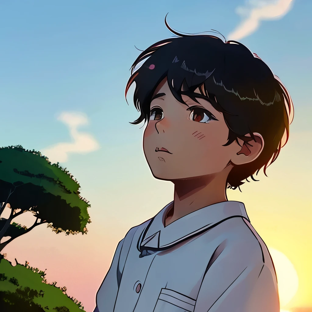 one boy、short hair、Dirty white work clothes、A deep shadow is cast on my clothey hair is blowing a little in the wind、Sunset sky and sea reflecting the setting sun、Meteors、Bush、2D anime style、