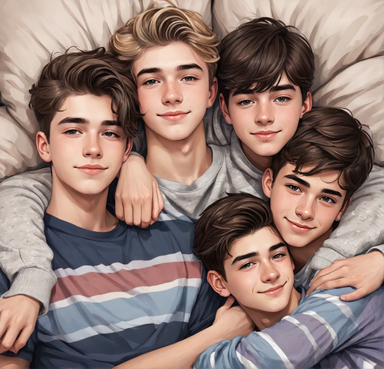 3 different cute male agers cuddling together
