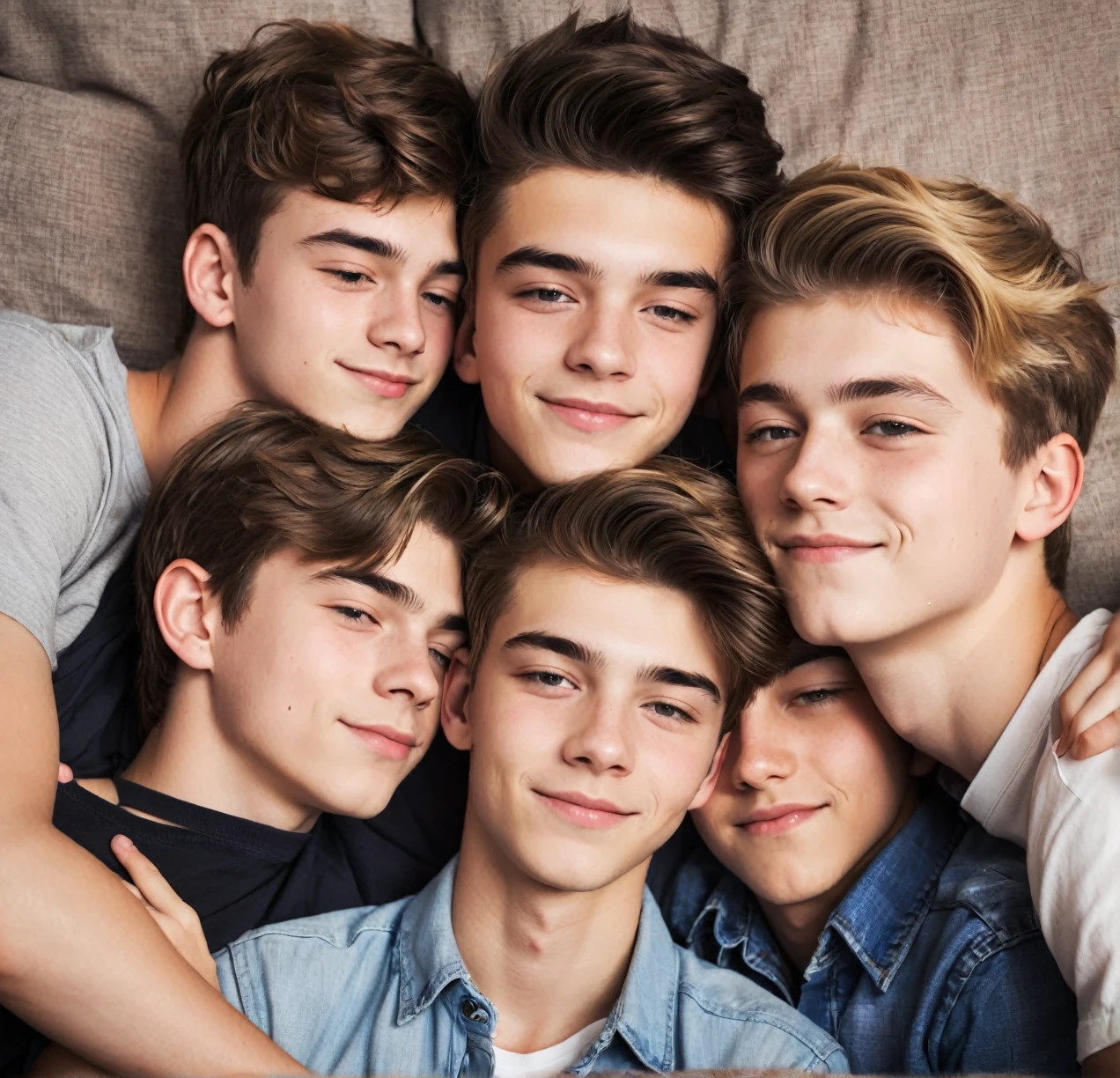 3 different cute male agers cuddling together