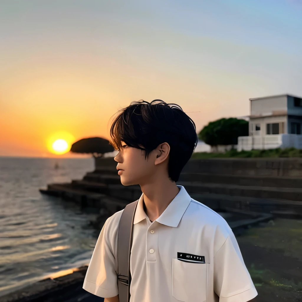 one boy、short hair、Dirty white work clothes、A deep shadow is cast on my clothey hair is blowing a little in the wind、Sunset sky and sea reflecting the setting sun、Meteors、Bush、2D anime style、