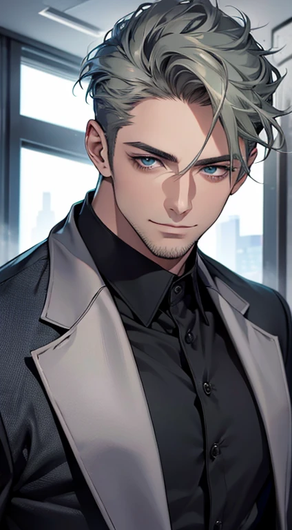 (best quality,4k,8k,highres,masterpiece:1.2),ultra-detailed,(realistic,photorealistic,photo-realistic:1.37),1 man,31 years old,mature man,very handsome,without expression,smile,short grey green hair,blue eyes,penetrating gaze,perfect face without errors,imposing posture,businessman,office background,cinematic lighting,hdr image