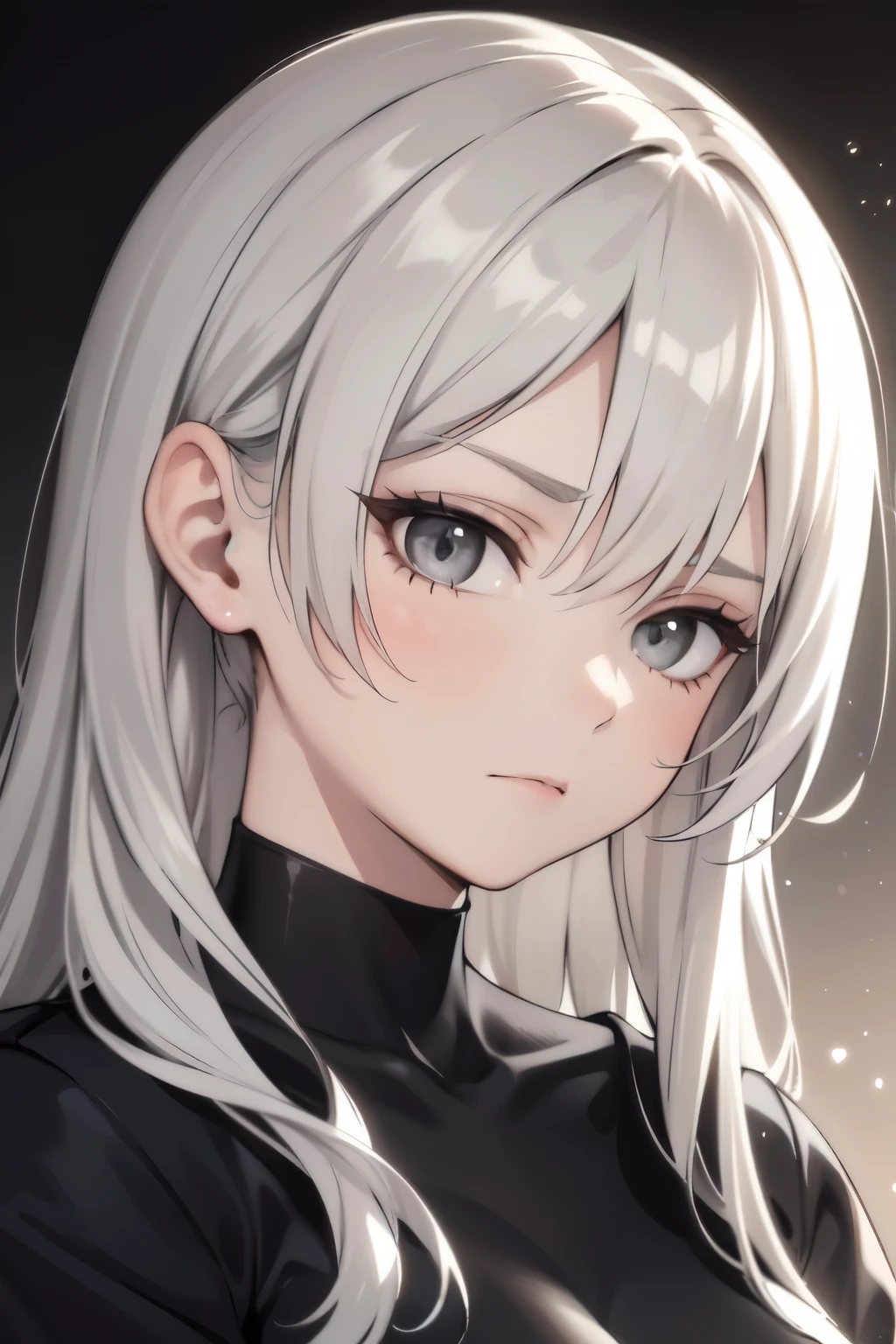 older girl with long light grey hair, grey eyes, and has an apathetic expression on her face