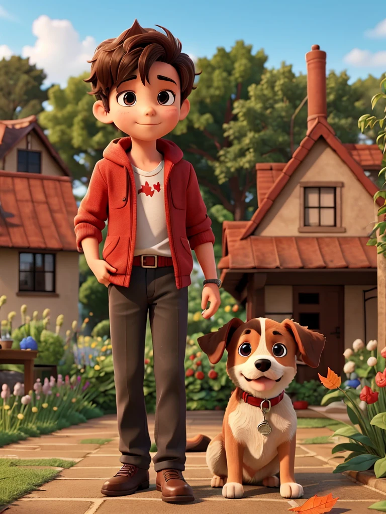 A boy and dog and garden with red leaf