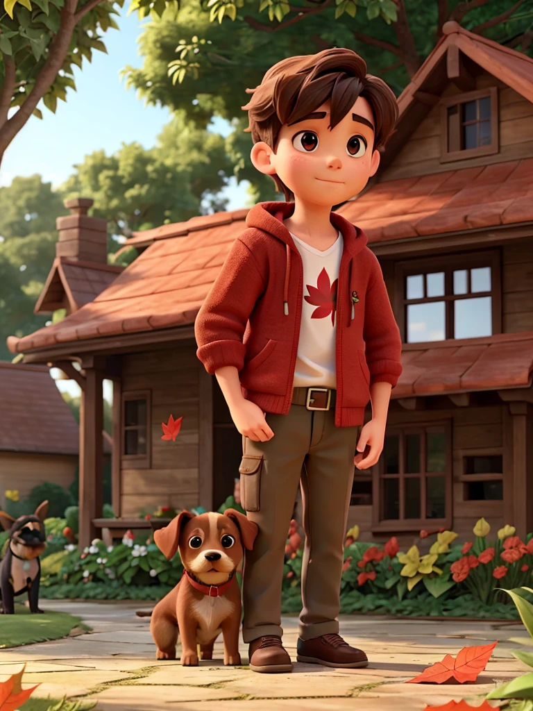 A boy and dog and garden with red leaf
