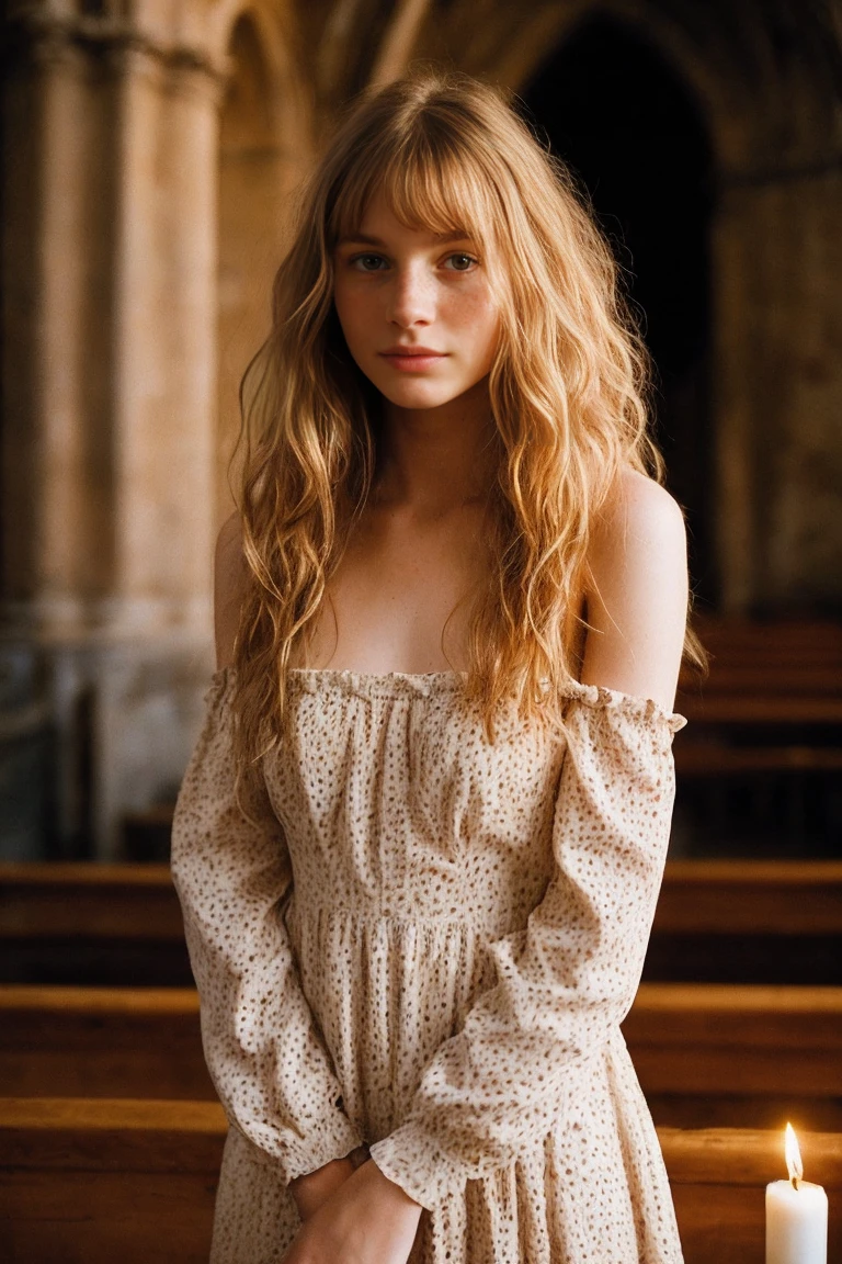 realistic photo of a 17 year old girl, beautiful  face, cute appearance, long wavy blonde hair with bangs, freckles, in an off-shoulder dress, standing in an old church, relaxed expression, overflowing with emotion, contrast interplay along with detailed light and shadow, Depth of field, dark atmosphere with candlelight backdrop,