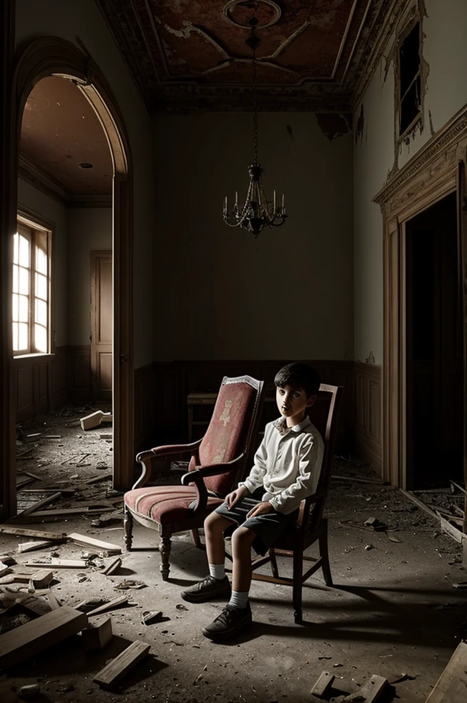 Boy enters an abandoned mansion and is scared when he sees a floating chair and a ghost is sitting in the chair.
