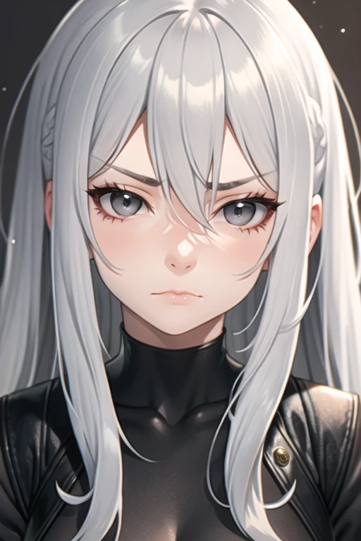 older girl with long light grey hair, grey eyes, and has an apathetic expression on her face