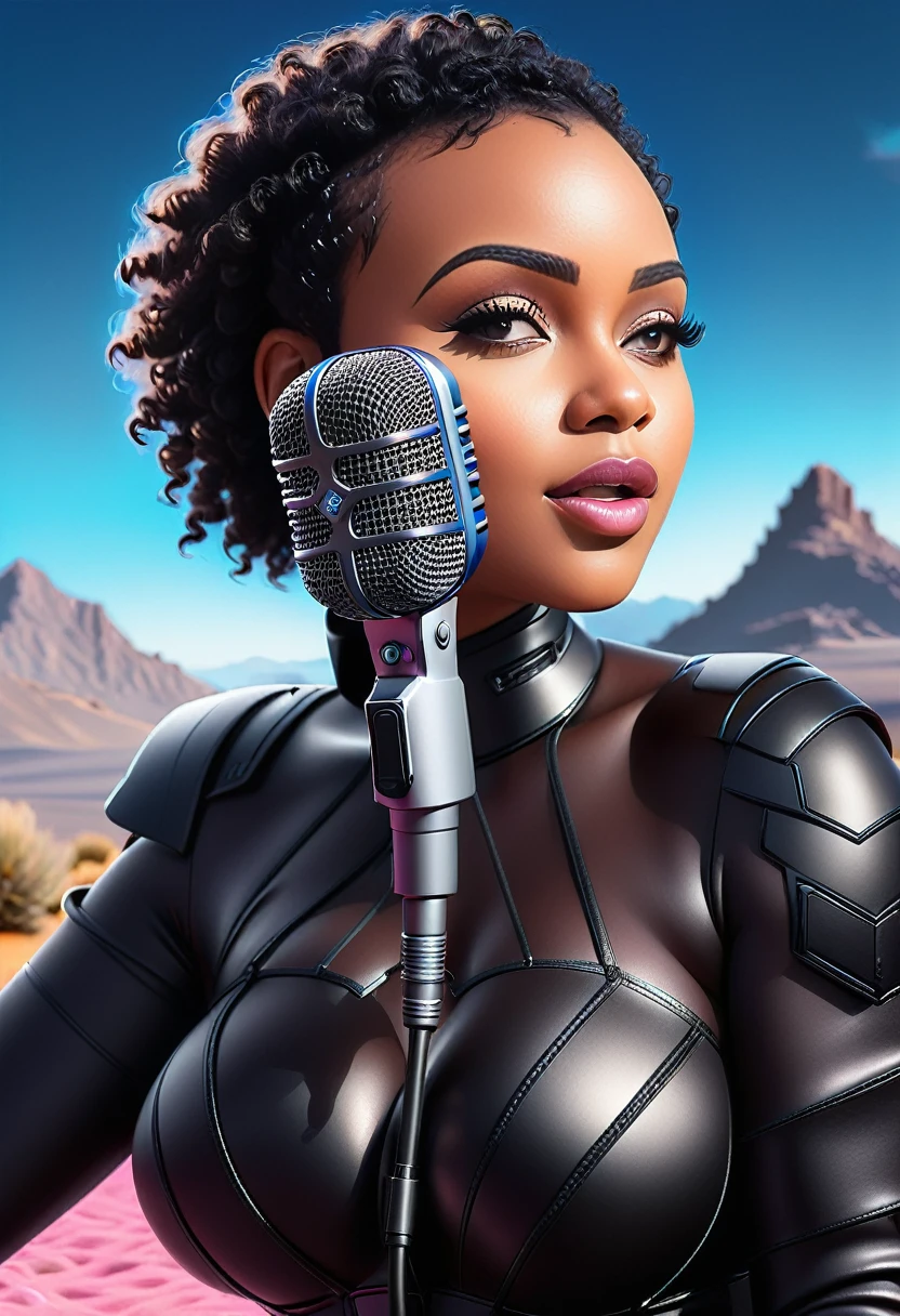 Hyper-detailed realistic photo: depiction of a beautiful light-skinned full figured black streamer girl talking into the microphone, surrounded by a sleek and modern streaming setup. The setup includes high-quality equipment such as a professional microphone, a high-definition webcam, and a top-of-the-line gaming PC. Streamer girl, attractive, light-skinned black, streaming equipment, microphone, webcam, gaming setup, high-resolution, digital art, trendy, captivating, professional, trending on social media. Background: black desert, black, pink and blue mountains, blue sky and bright lighting, 3d rendering, 8k post production