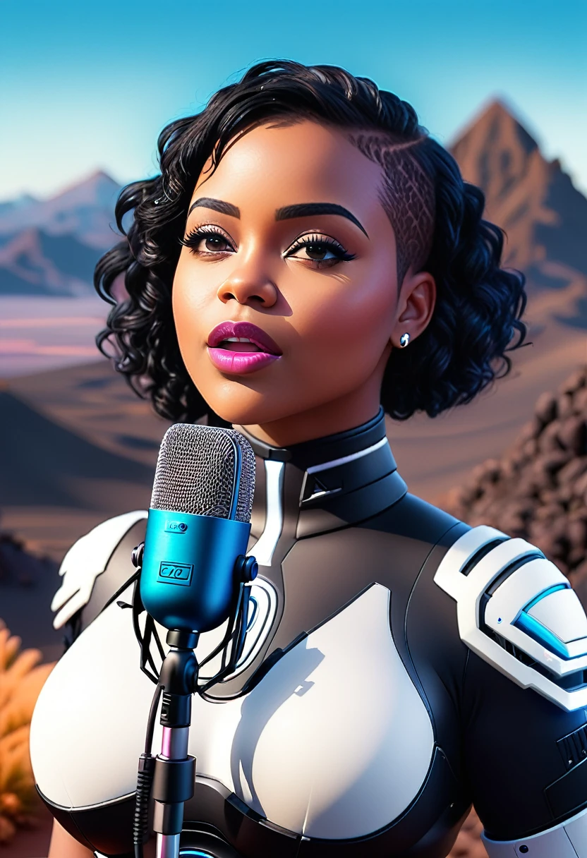 Hyper-detailed realistic photo: depiction of a beautiful light-skinned full figured black streamer girl talking into the microphone, surrounded by a sleek and modern streaming setup. The setup includes high-quality equipment such as a professional microphone, a high-definition webcam, and a top-of-the-line gaming PC. Streamer girl, attractive, light-skinned black, streaming equipment, microphone, webcam, gaming setup, high-resolution, digital art, trendy, captivating, professional, trending on social media. Background: black desert, black, pink and blue mountains, blue sky and bright lighting, 3d rendering, 8k post production