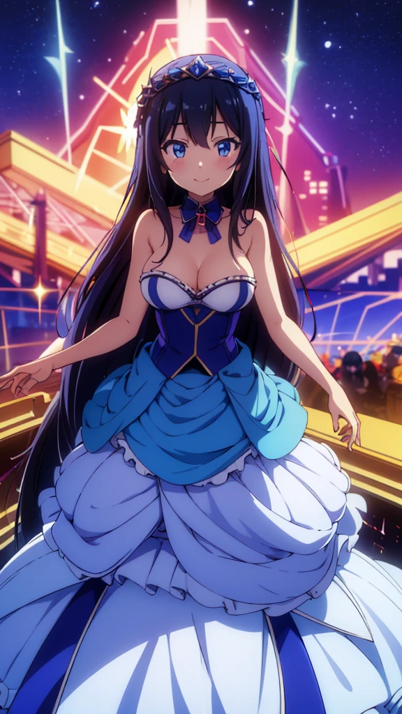 best quality,extremely detailed,anime style,1adult girl,Long hair down to the waist,straight hair,Dark black hair with bluish,Braid on top of the head,beautiful detailed eyes,pinched eyes,dark blue eyes,((huge breasts)),smile,garter belt,princess motif white base idol dress,Fluttering and mysterious clothes,hair ornament,blue idol stage,dynamic pose,((in aikatu style)),fullbody