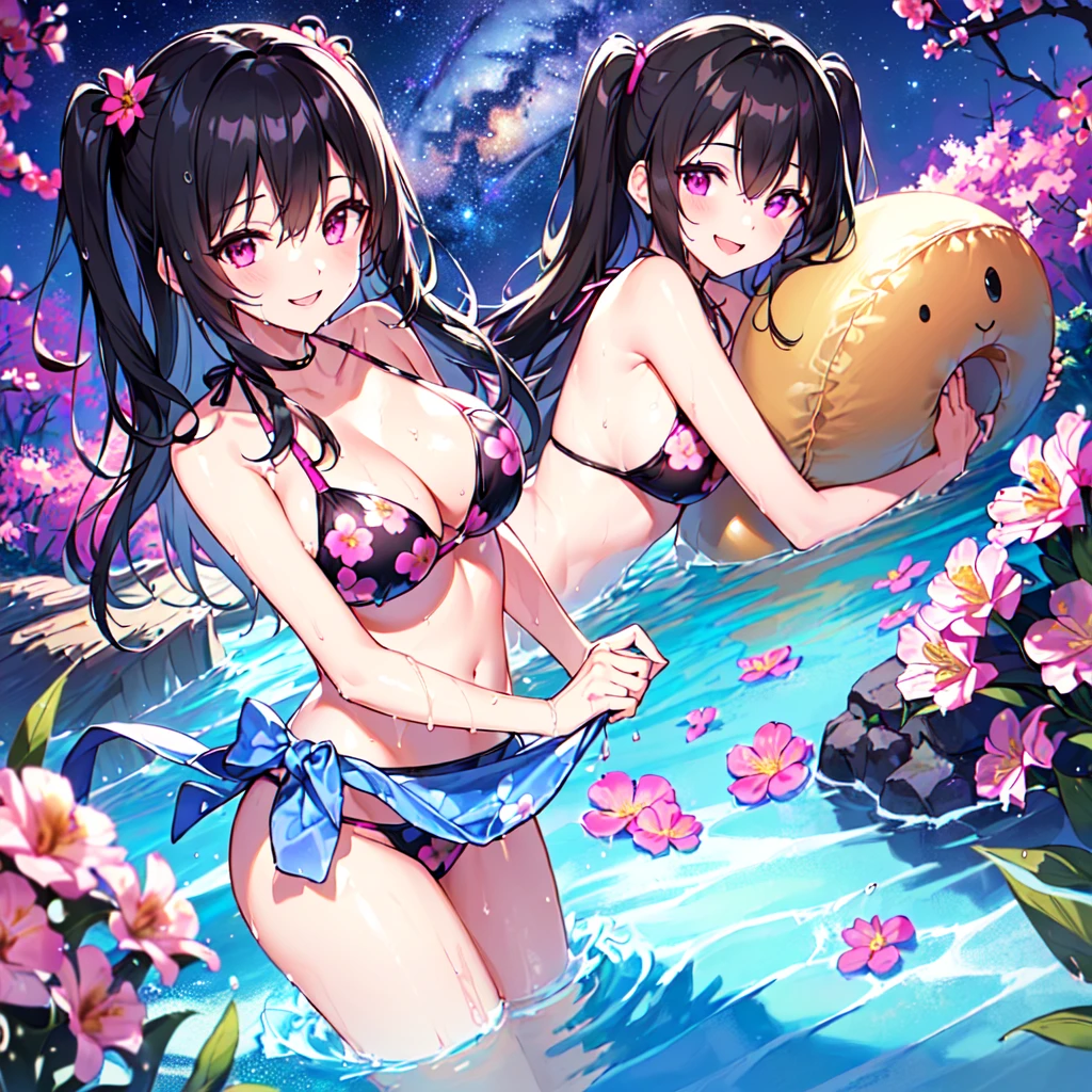 masterpiece, best quality, high quality, extremely detailed, very delicate and beautiful, (2 female 18 years old two:1.3), (long black hair up to waist with two side up:1.4), bangs to eyebrows, eyes (eyes sharp and strong with glossy glossy eyes, eyebrows glossy, (eye color magenta:1.3), 6.5 head height, (summer flower print in bikini swimsuit:1.3), (hugging: 1.3), (smiling: 1.3), (bathing and wet: 1.3), (dynamic pose), (background summer river and forest: 1.3), (Milky Way Night Sky: 1.3)