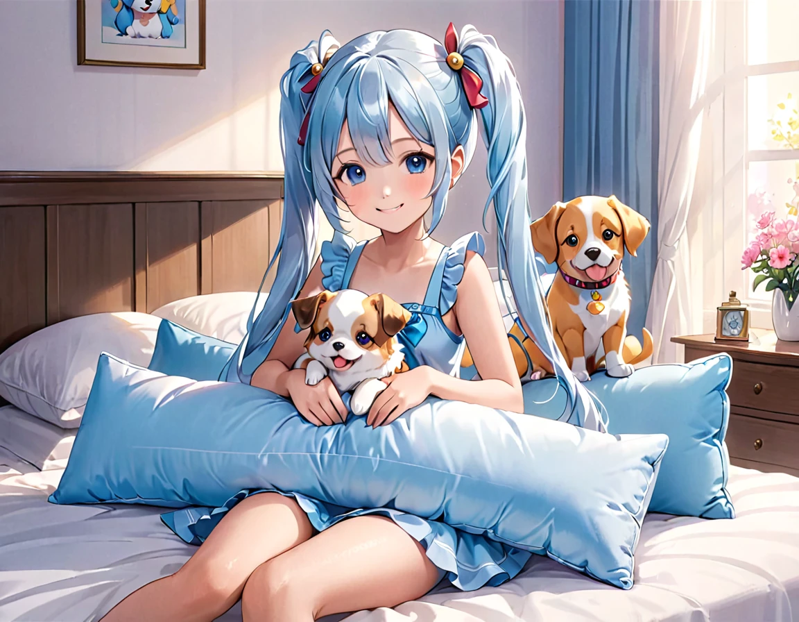 A beautiful girl with long light blue hair and twin tails, sitting on the bed while holding a cute body pillow, a bright smile adorned by Margaret, and a pet dog next to the bed.