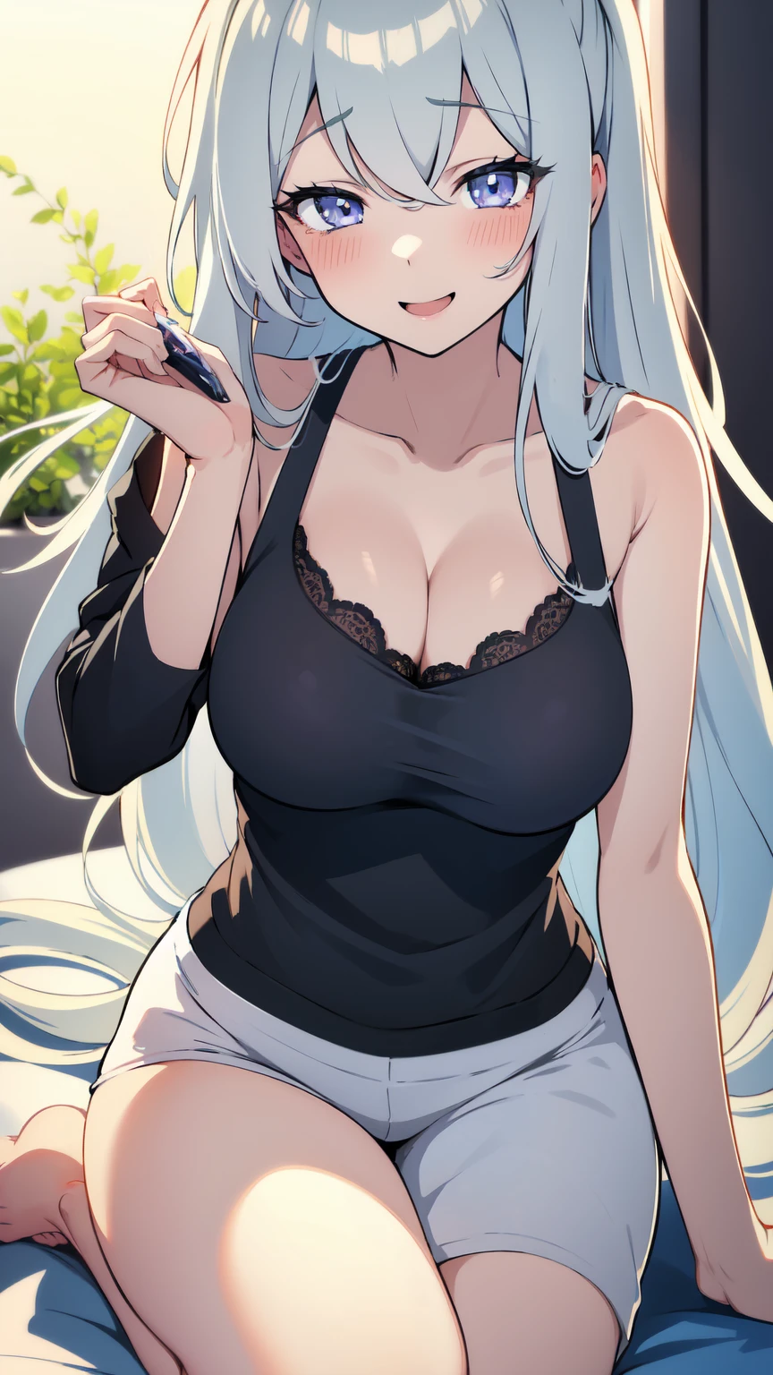 , long grey hair, cute anime style, beautiful face,smiling,close up to hips, moderate breast, sitting on bed leaning slightly back, wearing white pajamas, (open mouth:0.4),illustration,detailed textures,ultra-detailed,portrait style,vivid colors,soft lighting. blushing, black bras, in love, 1 girl, pov kiss, sfw, open pajamas