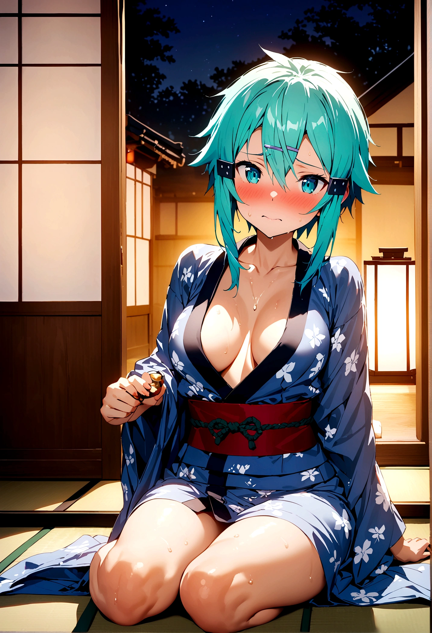 NSFW,masterpiece,Highest quality,High resolution,Super detailed,Sinon\(Sword Art Online\),yukata,Open clothes,hair ornaments, Hair Clip,Embarrassed,blush,Blank Face,Inn at night,Shoji screen,tatami,futon,Girl sitting,Drunk,Intoxication,sake bottle,Sake cup