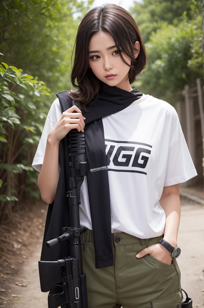 A sniper with a shirt written gg