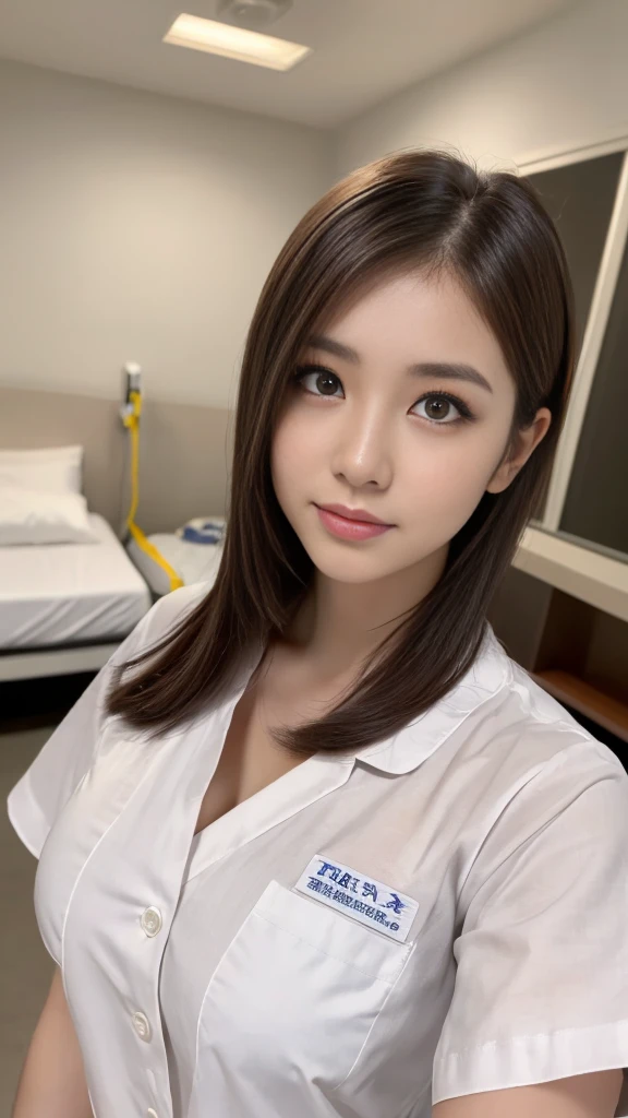 (Highest quality, 8K, 32k, masterpiece, Hmm.:1.2),Beautiful Japanese Women Photos, 1 Girl, (Medium short dark brown hair), (Big Breasts), double eyelid, White nurse uniform, Little white nurse (cap), White shirt, Open shirt, hospital, hospital room, Upper Body, sexy、真っ白のナースcap