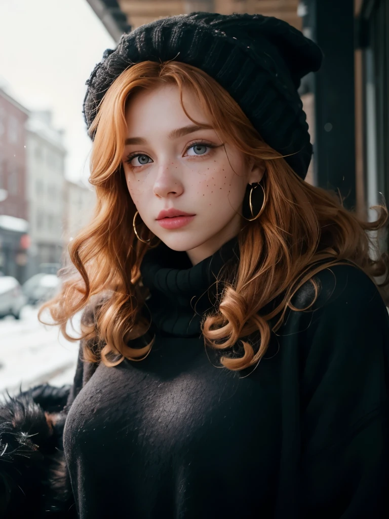 Caucasian woman, ((Ginger hair)), ((((curly hair)))), ((medium hair)), (((honey eyes))), lined eyes, shiny eyes, (highlights eyes), red lipstick, makeup, ((athletic body)), ((small breasts)), ((legs)), ((Black wool coat)), an ushanka, (Black wool sweater), (((Big sweater))), ((black sweater)), (Waist-length sweater), ((black lycra pants)), in the city full of snow, cold atmosphere, Earrings, side shot.