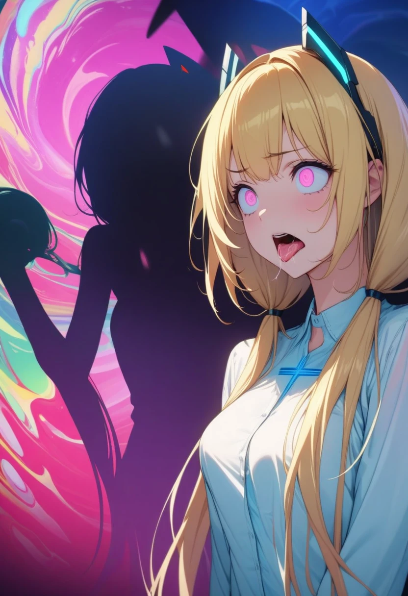 (highest quality:1.2, Very detailed, up to date, Vibrant, Ultra-high resolution, High Contrast, masterpiece:1.2, highest quality, Best aesthetics), Portraiture、girl、slim, Bright colors、Beautiful fine details、Beautiful lip detail、long hair, ((wavy hair:0.4))、messy hair, blonde and blue ((streaked hair:1.3)), highlights hair: 1.3, (medium breast:1), (tan skin:1.3), black tank top, shorts, In the Haunted Mansion, a ghost jumps up and screams in surprise., horrified, There are many ghosts and bats behind, scared pose, (cowboy shot:1.2),