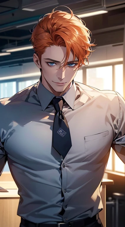 (best quality,4k,8k,highres,masterpiece:1.2),ultra-detailed,(realistic,photorealistic,photo-realistic:1.37),1 man,31 years old,mature man,very handsome,without expression,smile,short orange hair,blue eyes,penetrating gaze,perfect face without errors,imposing posture,businessman,office background,cinematic lighting,hdr image