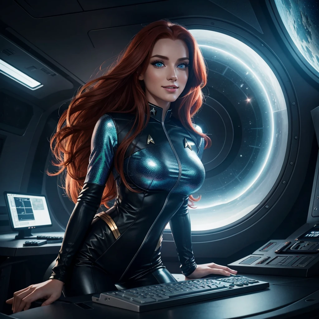 Masterpiece Illustration, very detailed face, a beautiful 25-year-old woman, lush long red hair, dazzling blue eyes, küssbare Lippen, sweet smile, strong dark eye makeup, friendly and welcoming, fit sex bomb body, star trek uniform, Rock, Spats, Go-Go-Stiefel, inside a spaceship with space and fog outside the window, Working on a sci-fi computer station, holographic Tech-Displays, magical ambient light, rim light,