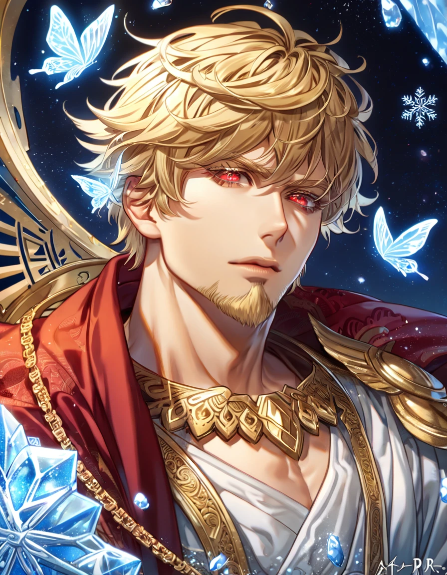 absurdres, highres, ultra detailed, HDR, master piece, best quality, extremely detailed face, delicated features, Gilgamesh, ash-blonde hair, short hair, messy hair, expressive red eyes, blonde eyelashes, The Dragonheart Crystal, solo, sexy man, handsome, mature face, red haori, white kimono, arabian, fantasy, magical, ice, blue fire, ice butterflies, snowflakes, starry night