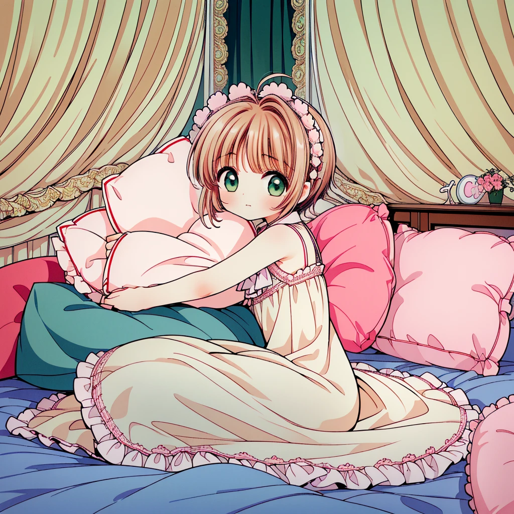 (masterpiece,best quality,best quality, masterpiece),my own, , , (适合任何Pillow背景的光影)), 穿着pajamas可爱女孩在Pillow上摆姿势 ,pajamas,,(很多Pillow),Soft cushion,,,,很多Pillow,,,(Pillow),(A tail),,(充满细节的Pillow),(Love around the protagonist),Steam,,(Pillow),(palace),(Palace bedroom),(Pillow),柔软的Pillow,,(Classical European style bedroom ),(excited,shy person,Lack of expressiveness,),,, ((Maximum resolution)), artwork, ,,,(Interior of the palace),,(Deluxe Rococo Canopy King Bed),On a big and spacious bed,(),,,,Luxurious curtains with ornate ruffles and ribbons surround the bed,((((There are many pillows piled on the bed)))),Detail of Quilt,Detailed bed sheets,Ruffled Bed Skirt,Deep Bed,Background with depth,((详细的Pillow)), ((((大量的Pillow)))),,Shaking lines,,Flowing liquid,Violent body shaking,Violent shaking lines,详细的软Pillow,,((女孩正躺在许多柔软的Pillow上,周围有许多Pillow)),。Many small feathers fluttering、 带褶边和缎带的长裙pajamas、In a huge, Large canopy bed、Soft pink sheets and quilt、色彩鲜艳的柔软Pillow、很多带褶边的Pillow和带褶边的床裙、Soft toned bed、Ruffled curtains around the bed.。Delicate face。Background with depth,kinomoto sakura,(kinomoto sakura, 1girl, brown hair, short hair, antenna hair, , green eyes),,pink dot pillow