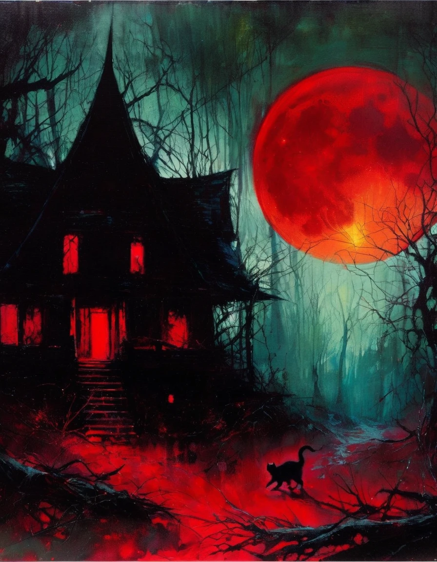 satanic cat, dark forest, abandoned house, red moon (art inspired in Bill Sienkiewicz). oil painting)