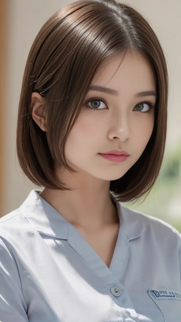 (Highest quality, 8K, 32k, masterpiece, Hmm.:1.2),Beautiful Japanese Women Photos, 1 Girl, (Medium short dark brown hair), (Big Breasts), double eyelid, White nurse uniform, Little white nurse (cap), White shirt, Open shirt, hospital, hospital room, Upper Body, sexy、(((真っ白のナースcap)))