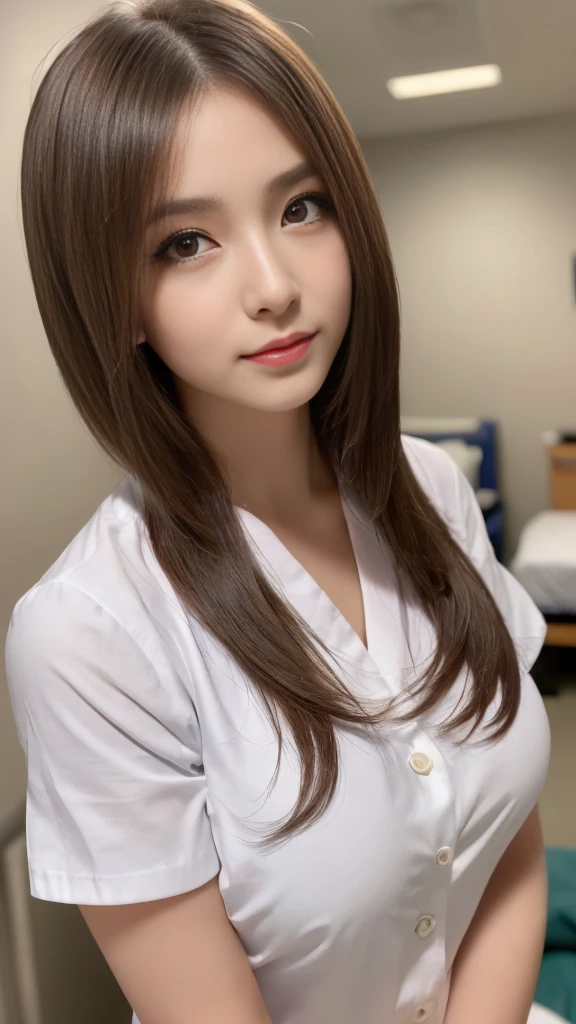 (Highest quality, 8K, 32k, masterpiece, Hmm.:1.2),Beautiful Japanese Women Photos, 1 Girl, (Medium short dark brown hair), (Big Breasts), double eyelid, White nurse uniform, Little white nurse (cap), White shirt, Open shirt, hospital, hospital room, Upper Body, sexy、(((真っ白のナースcap)))