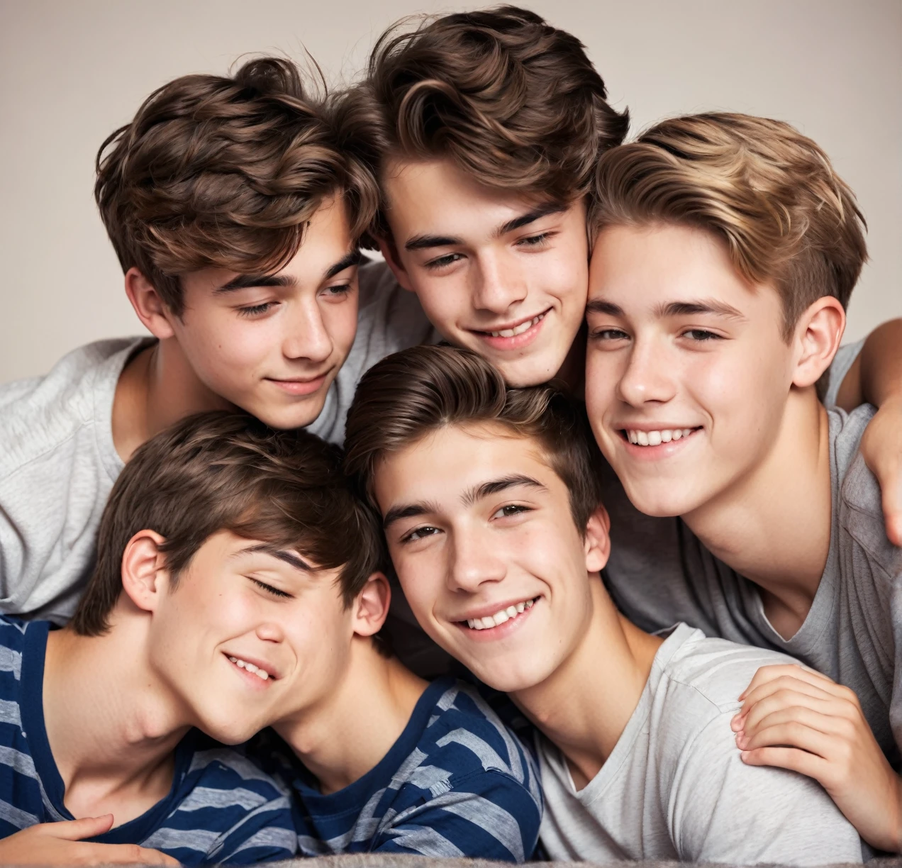 3 different cute male teenagers cuddling together