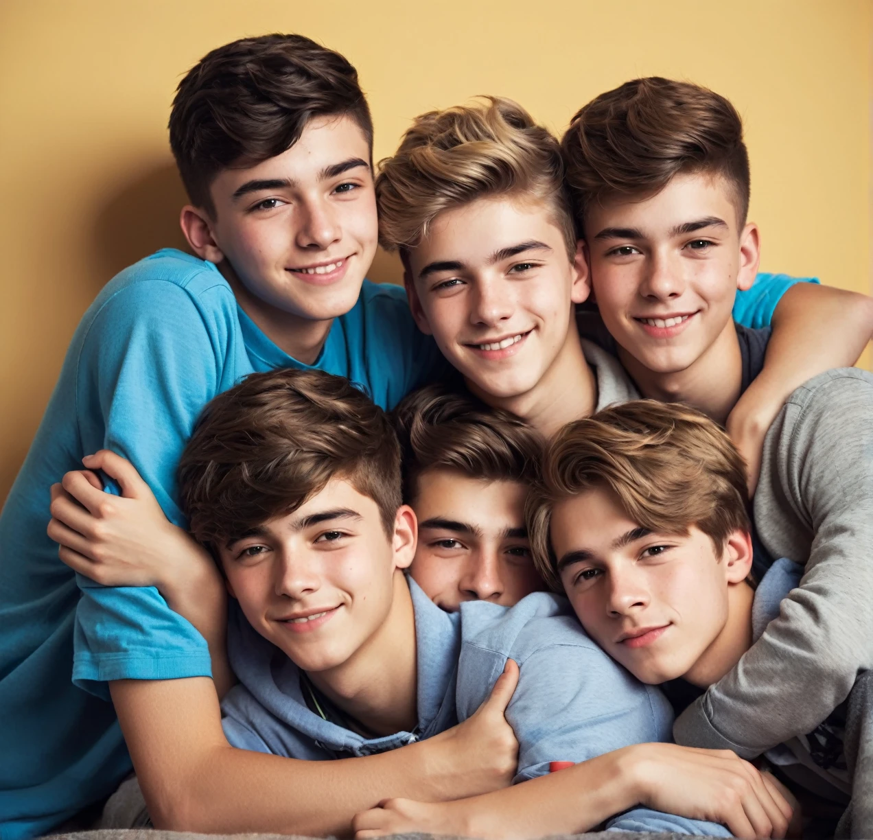 3 different cute male agers cuddling together