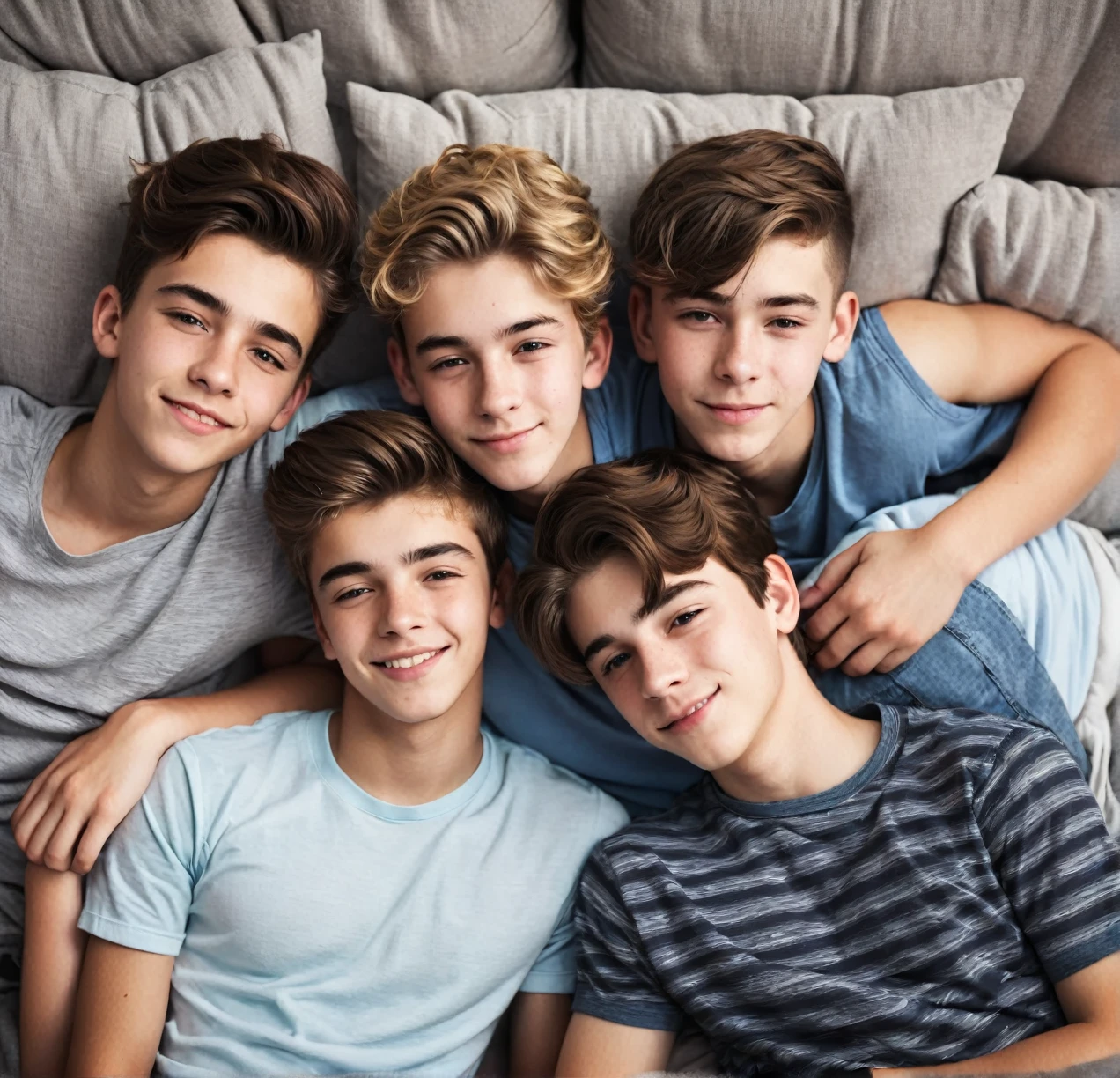 3 different cute male teenagers cuddling together
