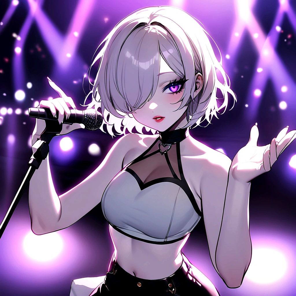 Girl, K-pop, idol, singing, stage, purple lights, beautiful, ethereal, Korean, hot, girl crush concept, pale skin, defined lips, curves, face focus, wink, korean, albino, crop top, shorts, slim, pretty, delicate, sexy, seductive, microphone, playful, solo, (Hair Over One Eye), short hair, feminine