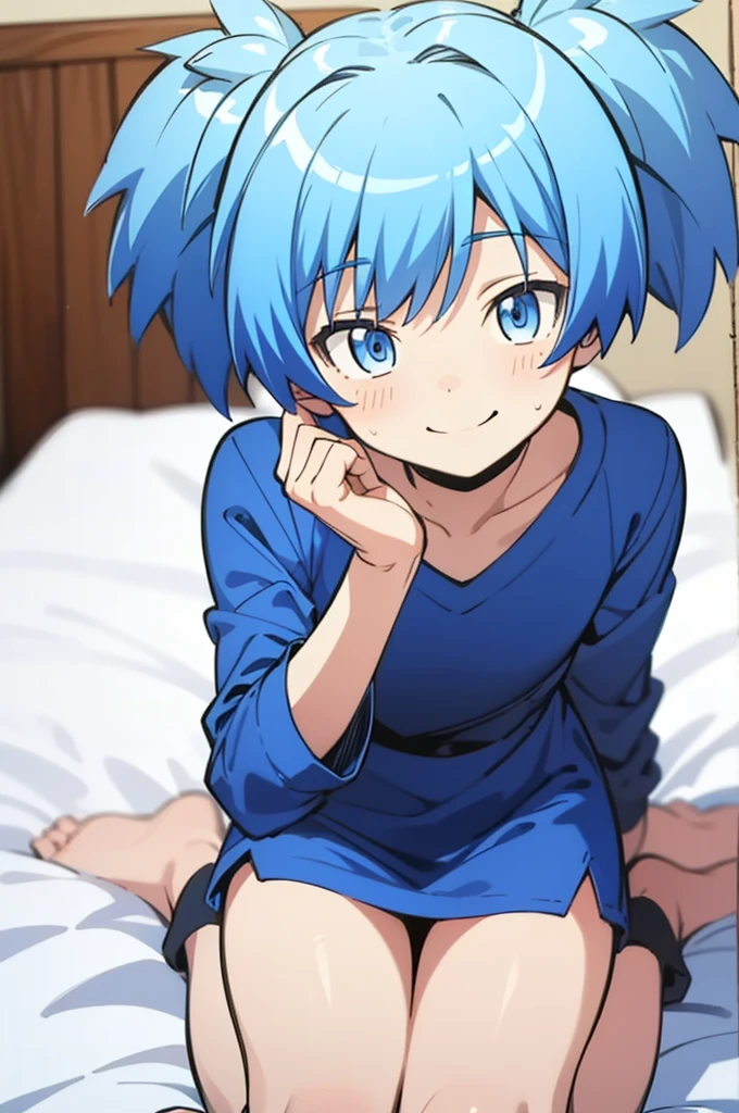 (masterpiece,best quality,highres:1.1),shiota_nagisa,blue hair,blue eyes,short twintails,1boy,,,smile,(nsfw),on bed