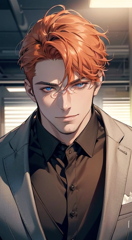 (best quality,4k,8k,highres,masterpiece:1.2),ultra-detailed,(realistic,photorealistic,photo-realistic:1.37),1 man,31 years old,mature man,very handsome,without expression,smile,short orange hair,blue eyes,penetrating gaze,perfect face without errors,imposing posture,businessman,office background,cinematic lighting,hdr image