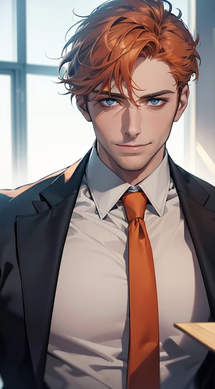 (best quality,4k,8k,highres,masterpiece:1.2),ultra-detailed,(realistic,photorealistic,photo-realistic:1.37),1 man,31 years old,mature man,very handsome,without expression,smile,short orange hair,blue eyes,penetrating gaze,perfect face without errors,imposing posture,businessman,office background,cinematic lighting,hdr image