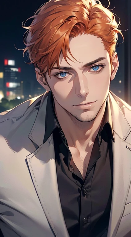 (best quality,4k,8k,highres,masterpiece:1.2),ultra-detailed,(realistic,photorealistic,photo-realistic:1.37),1 man,31 years old,mature man,very handsome,without expression,smile,short orange hair,blue eyes,penetrating gaze,perfect face without errors,imposing posture,businessman,office background,cinematic lighting,hdr image