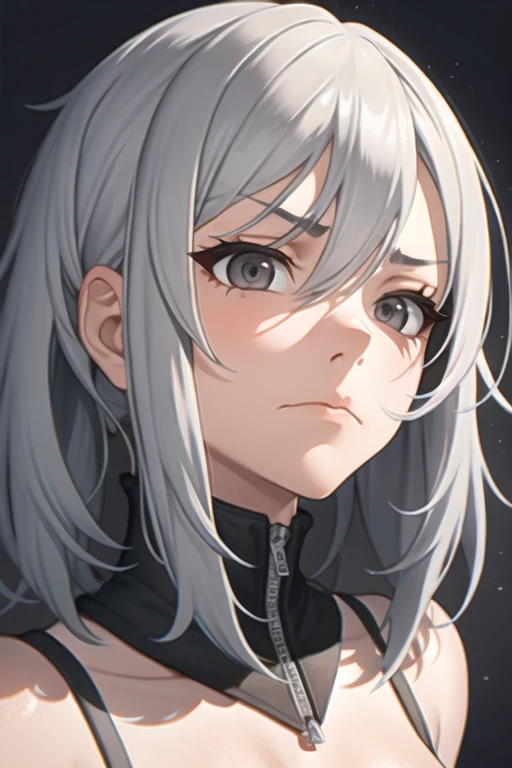 older girl with long light grey hair, grey eyes, and has an apathetic expression on her face