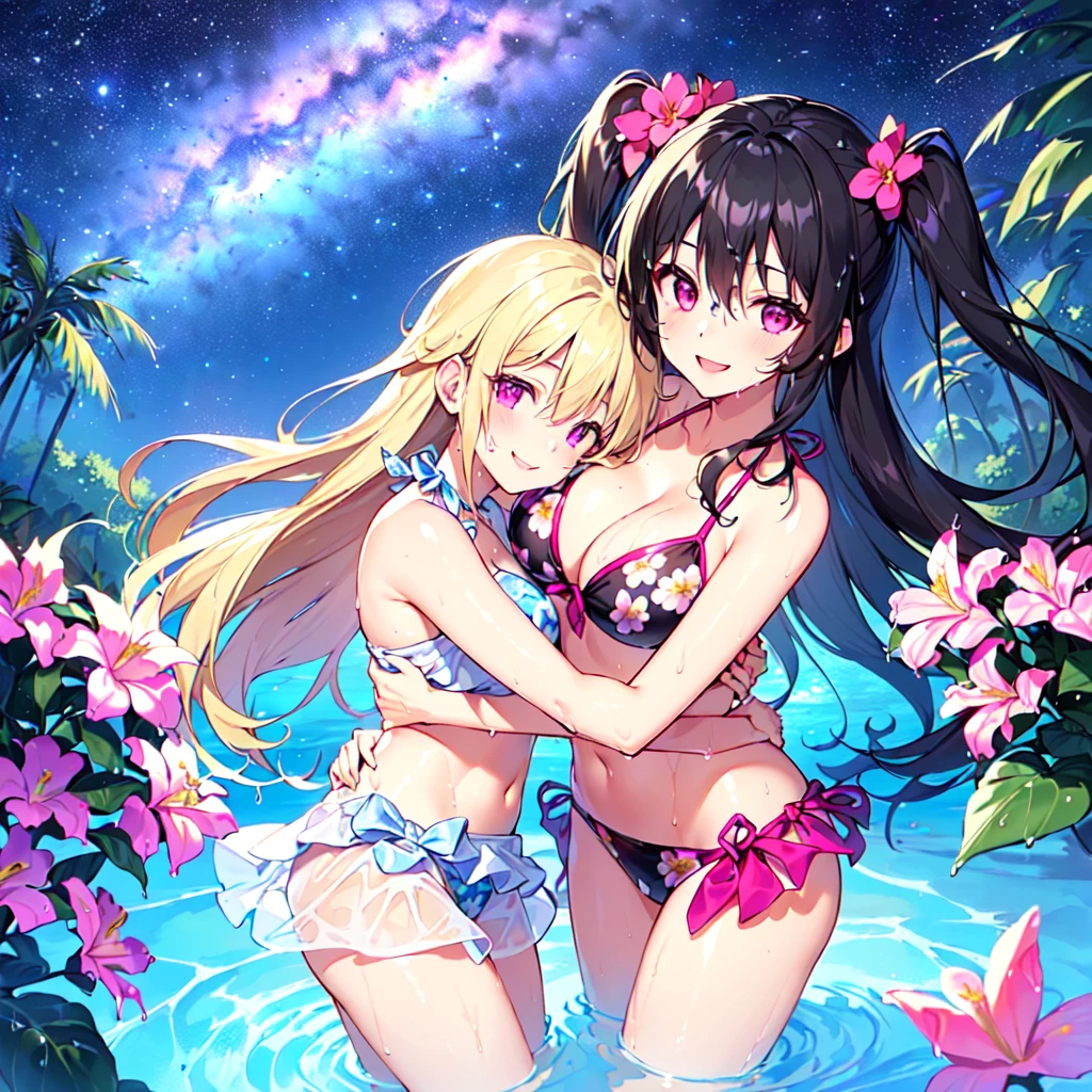 masterpiece, best quality, high quality, extremely detailed, very delicate and beautiful, (2 female 18 years old two:1.3), (long black hair up to waist with two side up:1.4), bangs to eyebrows, eyes (eyes sharp and strong with glossy glossy eyes, eyebrows glossy, (eye color magenta:1.3), 6.5 head height, (summer flower print in bikini swimsuit:1.3), (hugging: 1.3), (smiling: 1.3), (bathing and wet: 1.3), (dynamic pose), (background summer river and forest: 1.3), (Milky Way Night Sky: 1.3)
