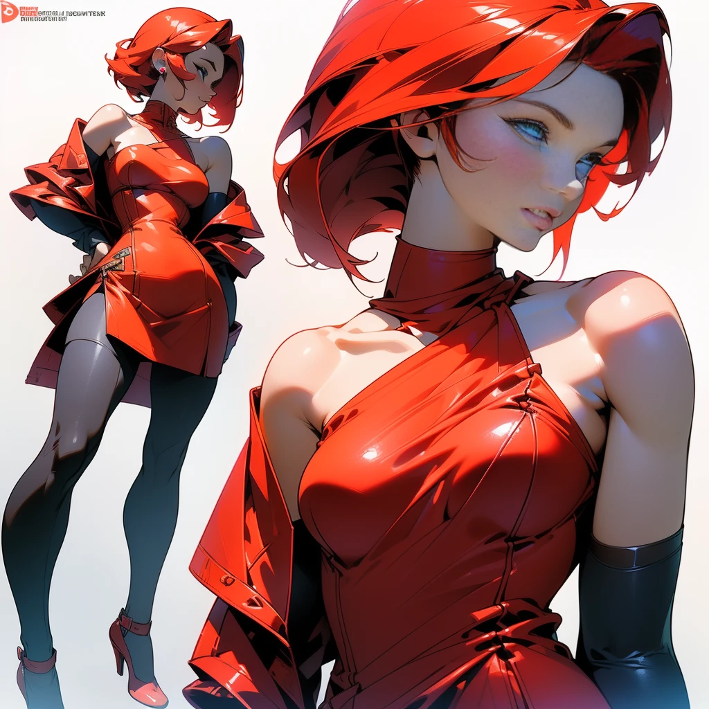 ((Best Quality)), ((Masterpiece)), ((Realistic)) 19 year old, redhead girl, shoulder length hair, relaxed happy face ((slender)) (busty), ((( strapless red bodycon dress ))) (( mini skirt )) ((sexy )) textured pixie haircut (((detailed character sheet, frontal view, side view, three quarter view))) (((white background))) 6 and a half heads full body
