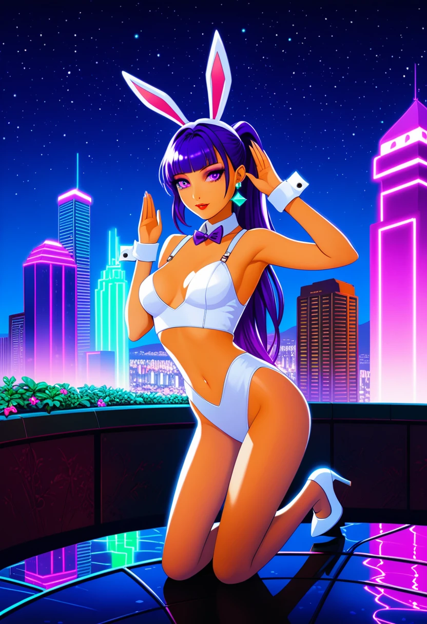 Art styles: very aesthetic, dramatic lighting, 3000K lighting, synthwave, anime, cyberpunk, natural skin tone; character: morrigan aensland; appearance: high purple ponytail hair, masterpiece purple eyes, detailed large eyes pupils, Slender hips, slim stomach, thin waist, medium teardrop-shaped breasts, slim body, soft gradient two-tone hair; BREAK clothing: white BUNNY SUIT, PANTYHOSE, FAKE BUNNY EARS, WRIST CUFFS, BOWTIE; pose: Bunny Ears Pose, rabbit pose, amrs up; Accessories: sparkly diamond small earrings, makeup; BREAK bg: large illuminated fountain, skyscraper roof, panoramic view, deep night city, hawaii, decorations neon lights, translucid lights, green ornamental plant, side lighting;