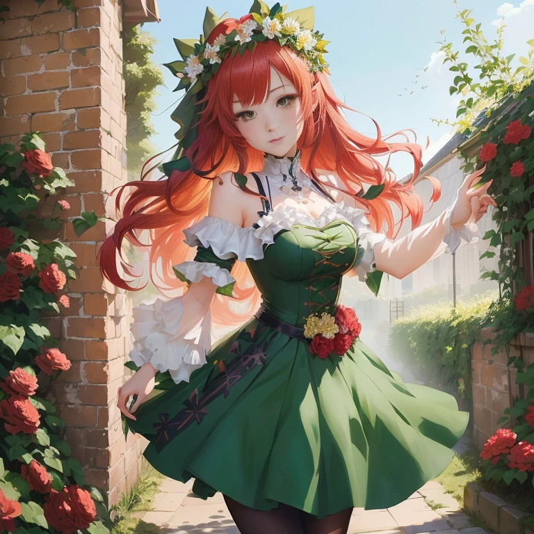 anime girl in green dress with red hair and flower crown, marin kitagawa fanart, rin, guweiz on pixiv artstation, cute anime waifu in a nice dress,  in dress, official artwork, guweiz on artstation pixiv, elf girl wearing an flower suit, anime style 4 k, trending on artstation pixiv, 