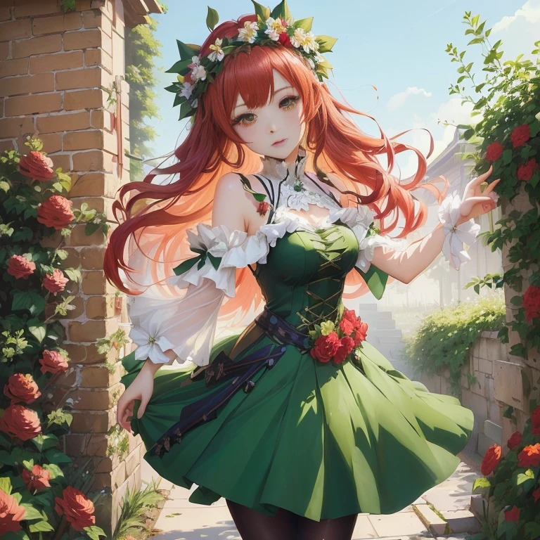 anime girl in green dress with red hair and flower crown, marin kitagawa fanart, rin, guweiz on pixiv artstation, cute anime waifu in a nice dress,  in dress, official artwork, guweiz on artstation pixiv, elf girl wearing an flower suit, anime style 4 k, trending on artstation pixiv, 