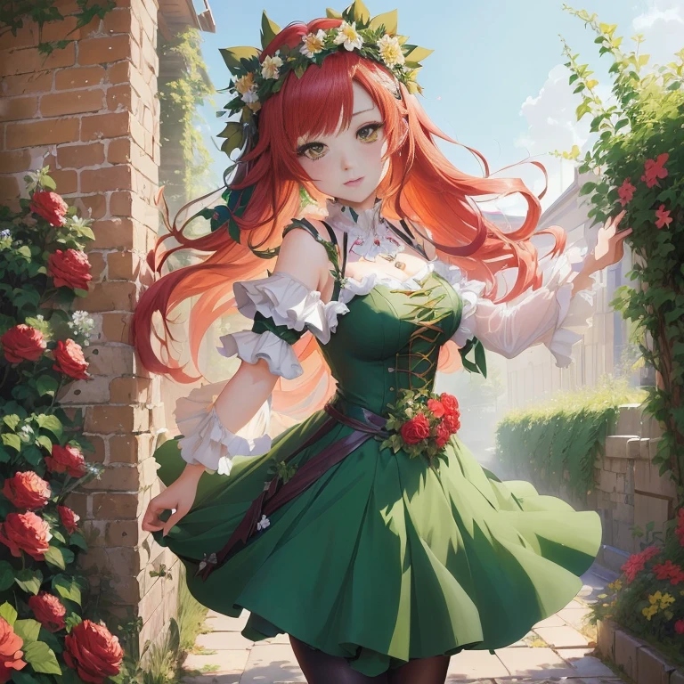 anime girl in green dress with red hair and flower crown, marin kitagawa fanart, rin, guweiz on pixiv artstation, cute anime waifu in a nice dress, in dress, official artwork, guweiz on artstation pixiv, elf girl wearing an flower suit, anime style 4 k, trending on artstation pixiv,