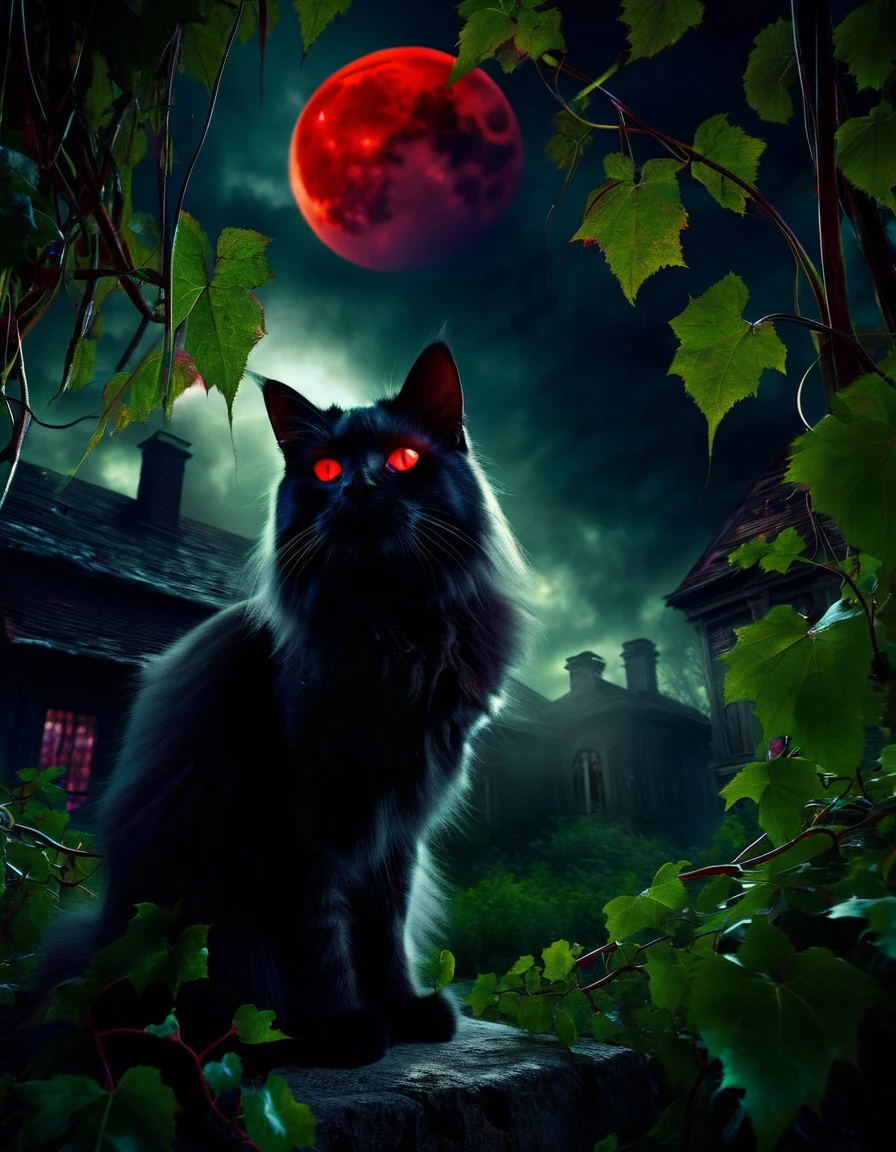 satanic cat, dark forest, abandoned house, red moon, dark fantasy, horror, oil painting, ultra-detailed, (best quality,4k,8k,highres,masterpiece:1.2),ultra-detailed,(realistic,photorealistic,photo-realistic:1.37),HDR,UHD,studio lighting,ultra-fine painting,sharp focus,physically-based rendering,extreme detail description,professional,vivid colors,bokeh,dramatic lighting,dark moody atmosphere,chiaroscuro,dramatic shadows,glowing red moon,overgrown vines,crumbling architecture,sinister cat with glowing eyes