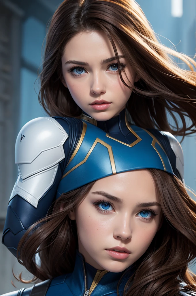 Create an image: Painel Comics Marvel: one female character, with the face bleeding a little, with brown hair and brown eyes, blue outfit with white details.