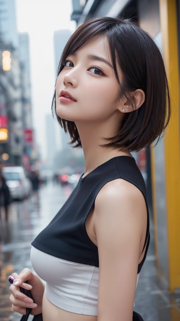 ((Highest quality、8K、masterpiece:1.3))、Sharpness:1.2、Perfect body beauty:1.4、Slim Abs:1.2、((Two-tone color short hair style、Big Breasts:1.2))、(Wetた白いシャツ:1.1)、(Rainy City Street:1.2)、Wet:1.5、Highly detailed face and skin texture、Fine particles、double eyelid、Eyes sparkling、Profile looking at the camera、tits