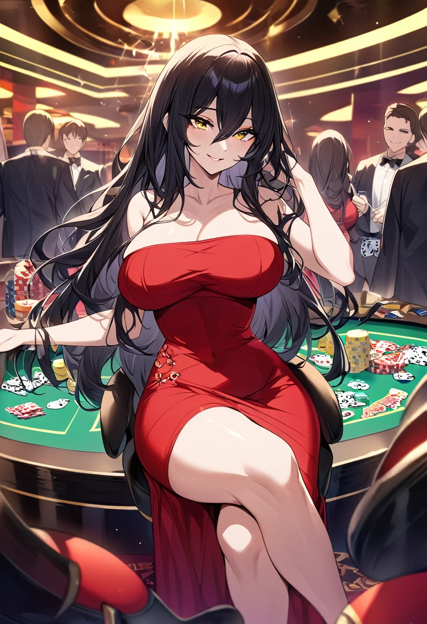 Adult female, busty, hourglass figure, sexy red dress, messy and long black hair, golden yellow irises, defined black pupils, passionate, seductive, sultry smile, casino, poker table, holding cards, sitting in a chair beside a poker table, well defined, perfect definition, high quality, perfect eyes, good hands, perfect hands, crowded casino, 